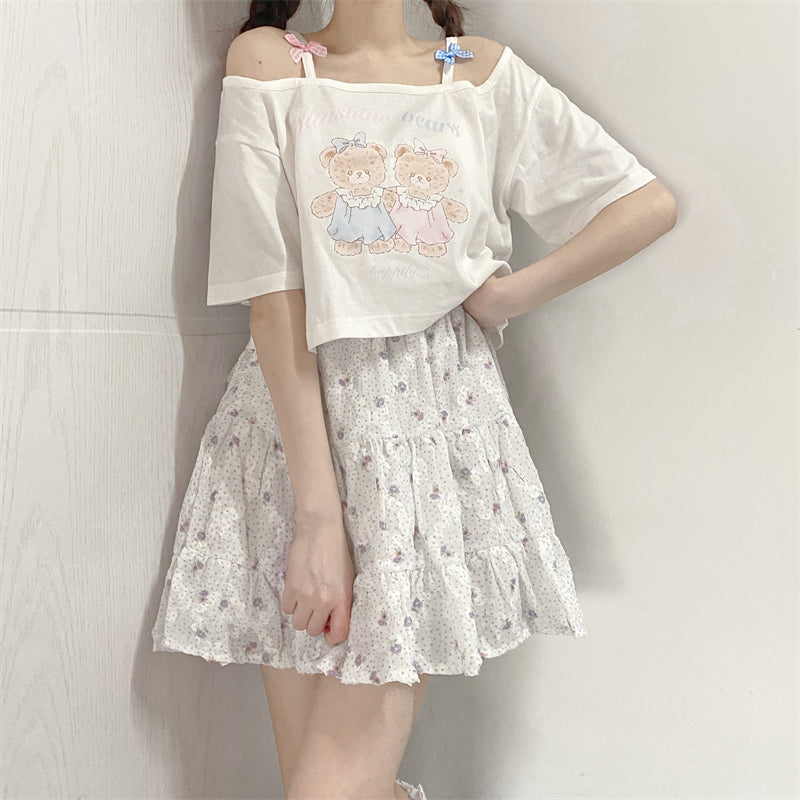 Cute Japanese Soft Girl Strapless Bow Bear Print T-shirt