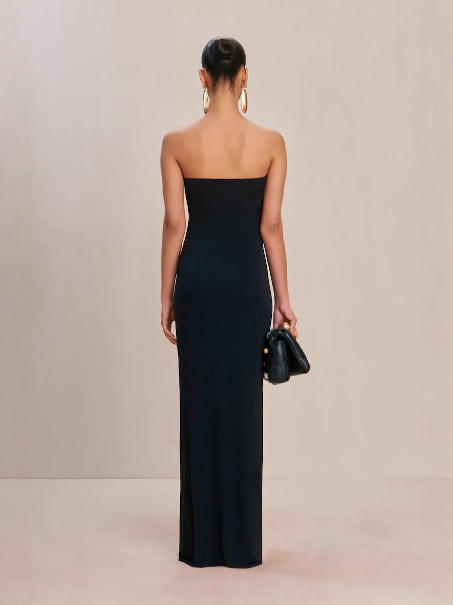 Black strapless deep V metal banquet party dress