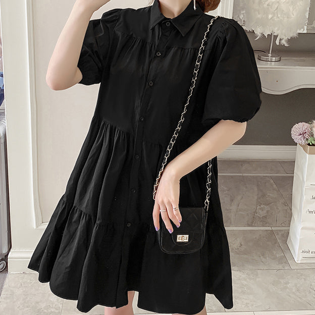 Cute Fashion Puff Sleeve Tiered Shirt Dress