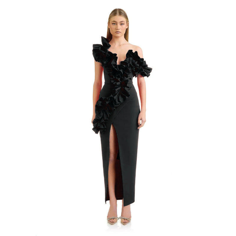 Ruffled V-Neck Slit Party Evening Dress