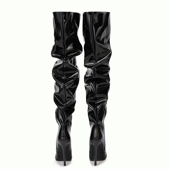 Wrinkles Patent Leather Thigh High Boots Pointed Toe Over The Knee High Boots