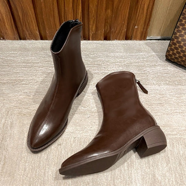 Ankle Boots Pointed Toe Solid Color Back Zipper Comfortable Boots