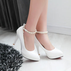 Pearl Ankle Straps Pumps High Heels Dress Shoes