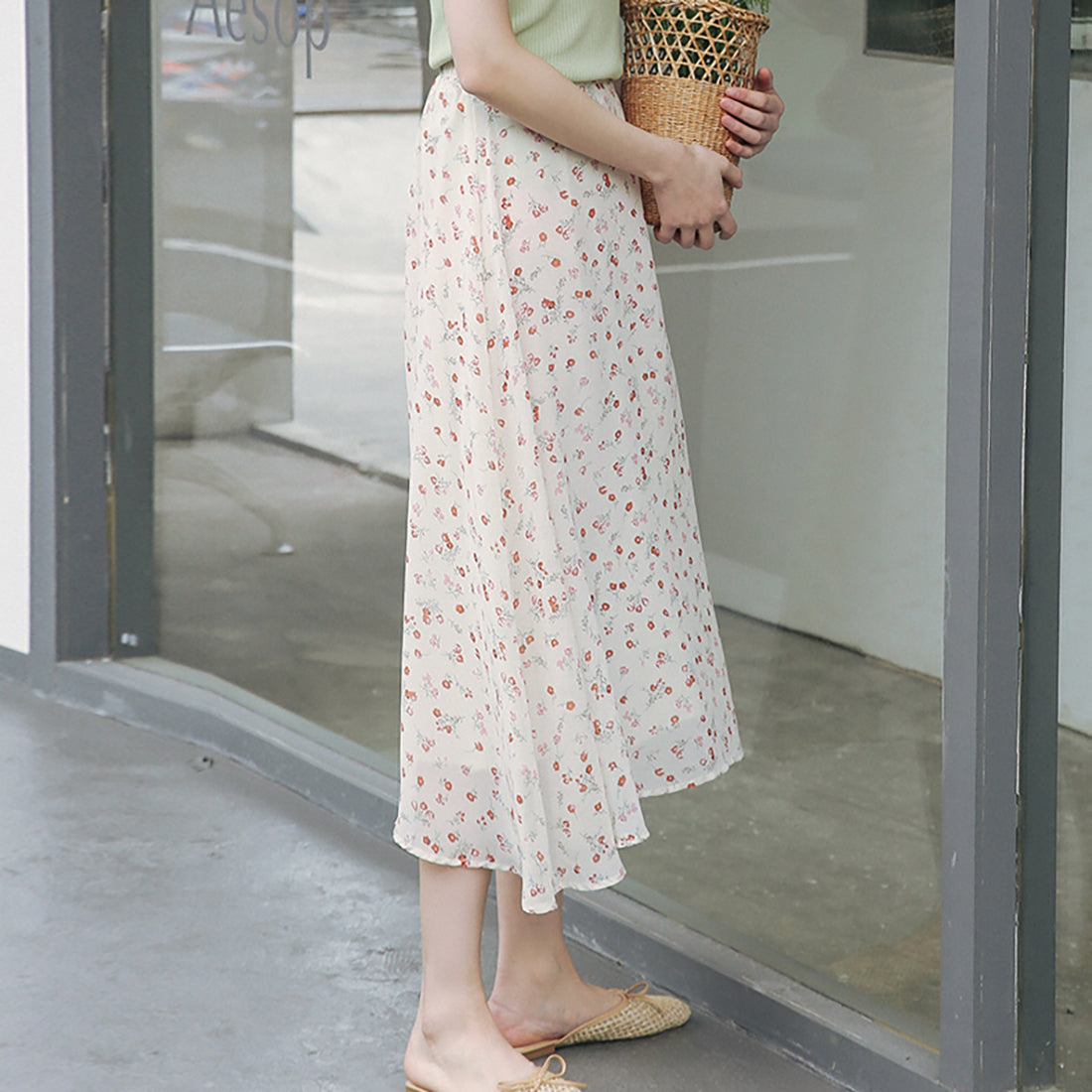 Floral Print Chiffon High Waist Skirt