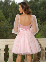 Sweetheart Neck Lantern Sleeve Mesh Overlay Bustier Dress - Pink