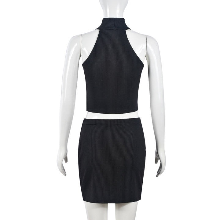 Rhinestone Hollowed-Out Vest And Short Skirt Set