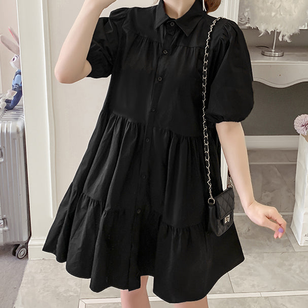 Cute Fashion Puff Sleeve Tiered Shirt Dress