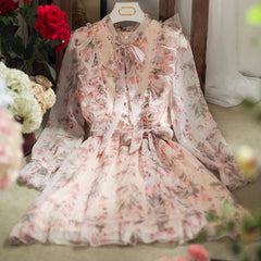 Peach Floral Bow Tie Ruffle Dress With Sleeve