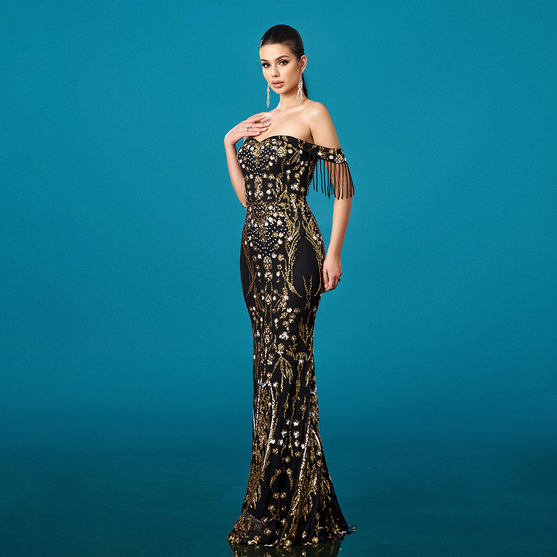 One-neck tassel banquet sequined fishtail evening dress