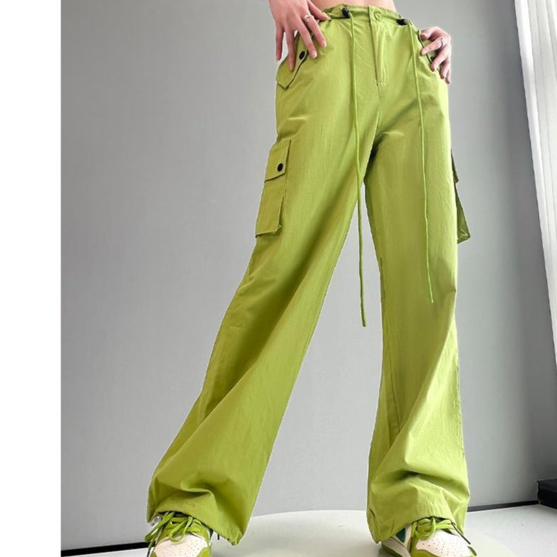 Spring Summer Drawstring High Waist Wide Leg Loose Multi-pockets Pant