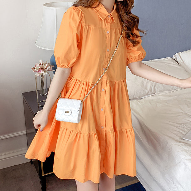 Cute Fashion Puff Sleeve Tiered Shirt Dress