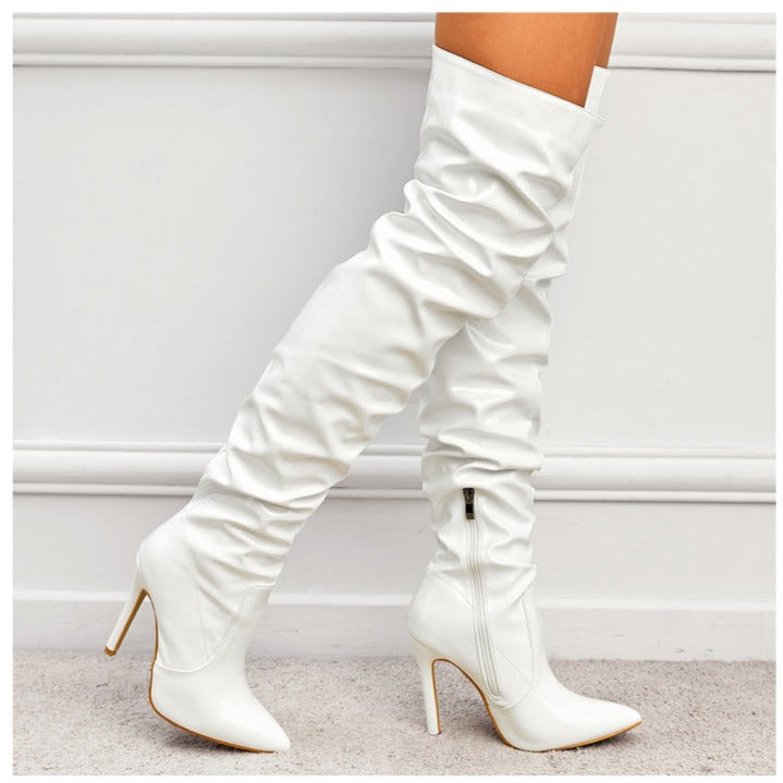 Wrinkles Patent Leather Thigh High Boots Pointed Toe Over The Knee High Boots