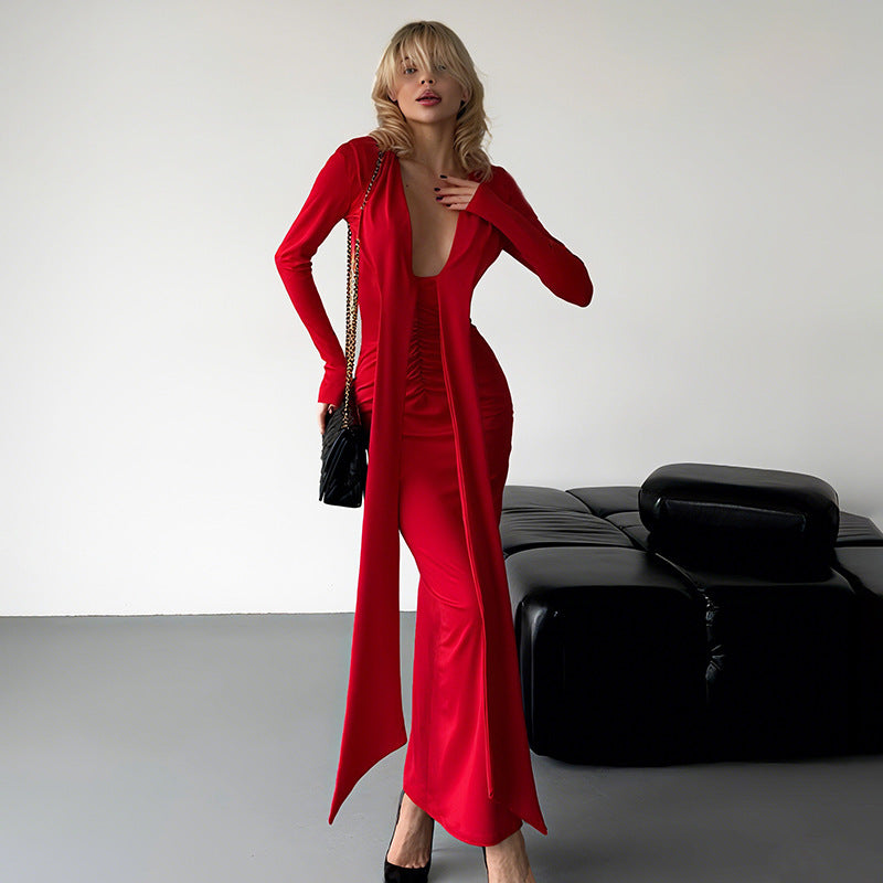 Temperament deep V-neck tie pleated niche dress