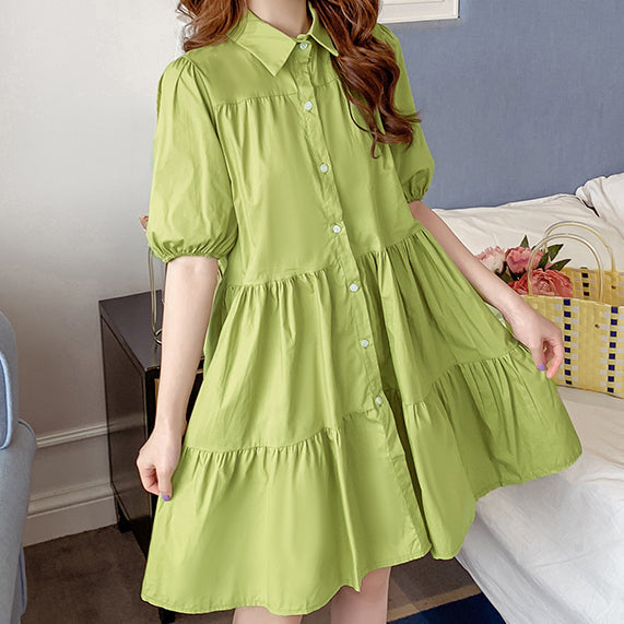 Cute Fashion Puff Sleeve Tiered Shirt Dress