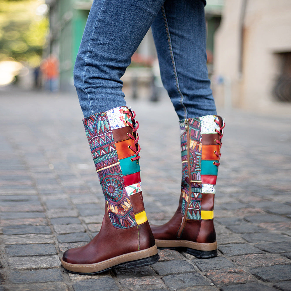 Vintage Mid-calf Boots Shoes Embroidered Boho Leather Boots