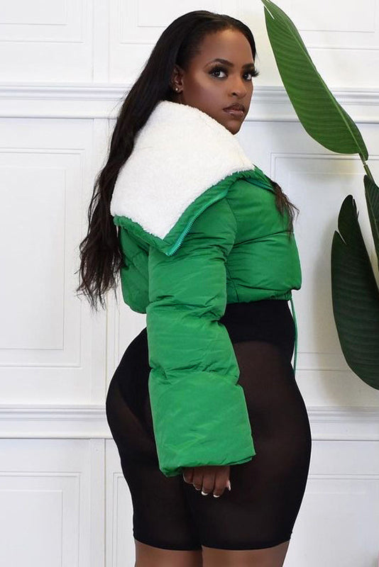 Feminism Cropped Puffer Jacket - Green