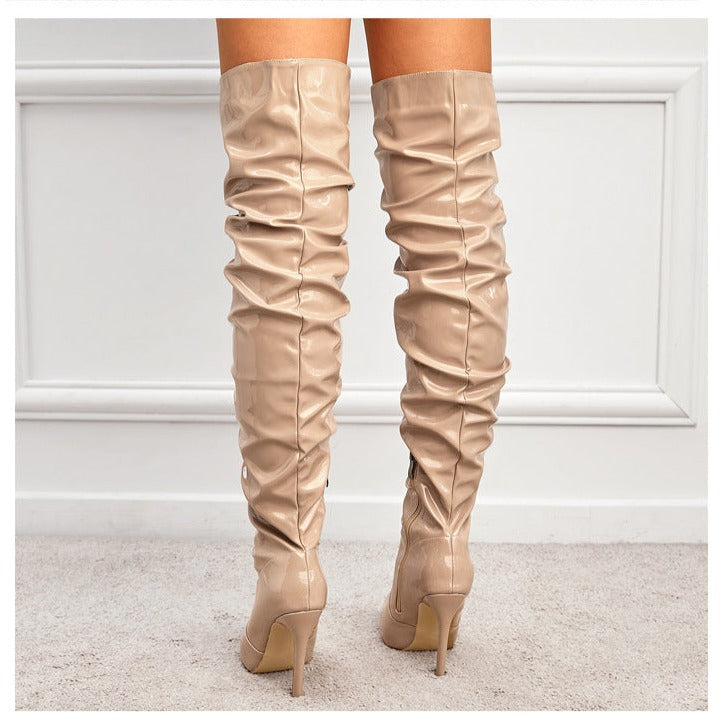 Wrinkles Patent Leather Thigh High Boots Pointed Toe Over The Knee High Boots