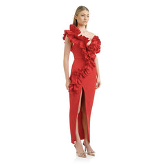 Ruffled V-Neck Slit Party Evening Dress