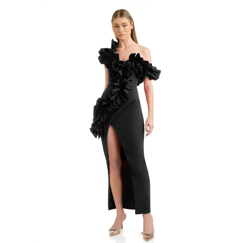 Ruffled V-Neck Slit Party Evening Dress