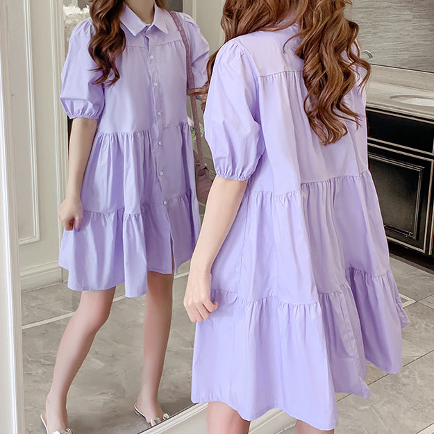 Cute Fashion Puff Sleeve Tiered Shirt Dress