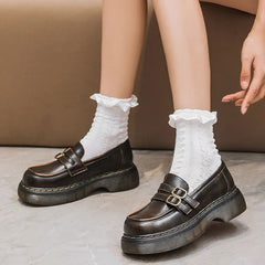 Retro Round Head Metal Buckle Leather Flat JK Loafers