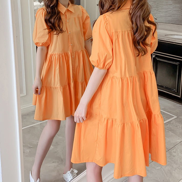 Cute Fashion Puff Sleeve Tiered Shirt Dress