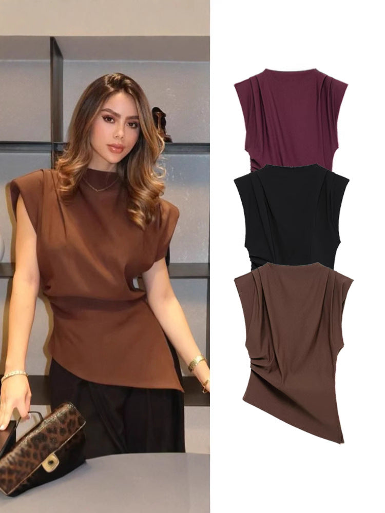 Asymmetrical Pleated Round-Neck Fitted Top