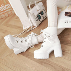 Japanese White Black Platform Lace Up Ankle Boots cosplay