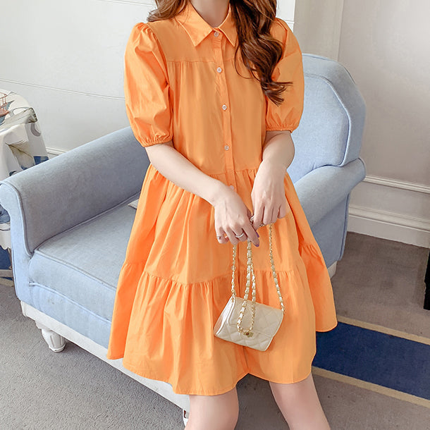 Cute Fashion Puff Sleeve Tiered Shirt Dress