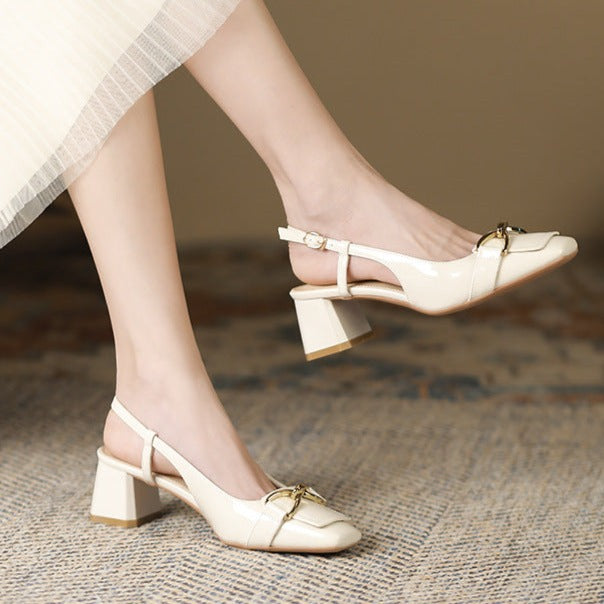 Metal Buckle Decoration Square Toe Slingback Pumps