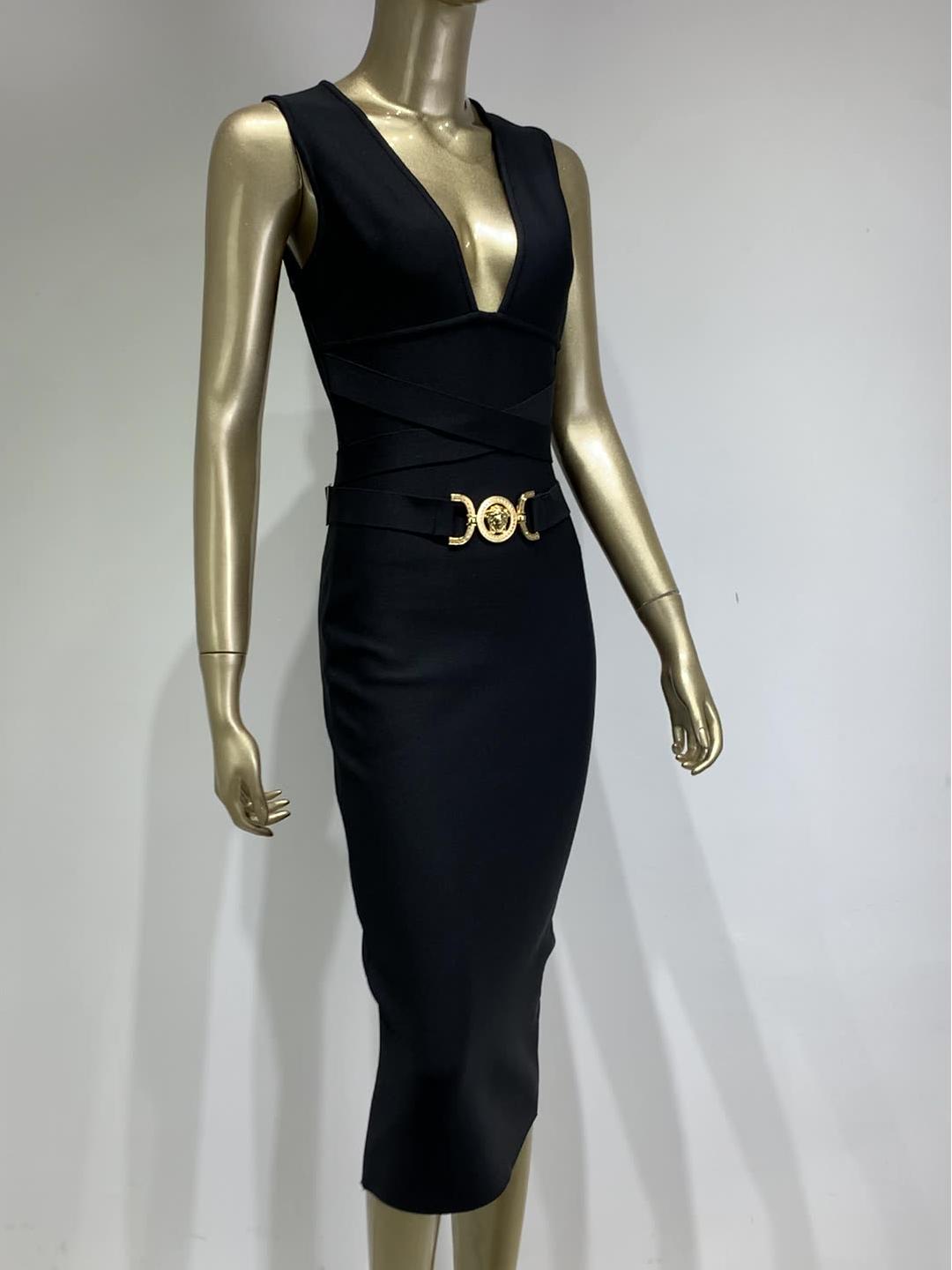 Sleeveless V-neck Metal Button Midi Dress