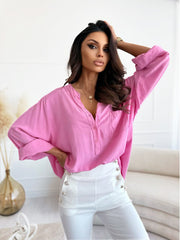 To The Fullest Split Neck Blouse - Hot Pink