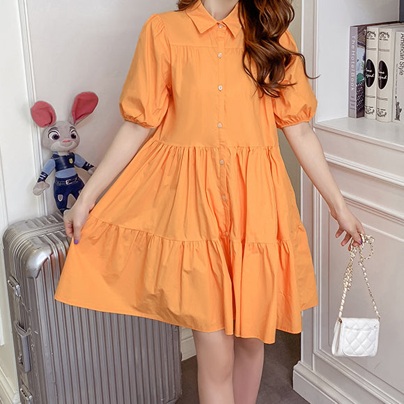 Cute Fashion Puff Sleeve Tiered Shirt Dress