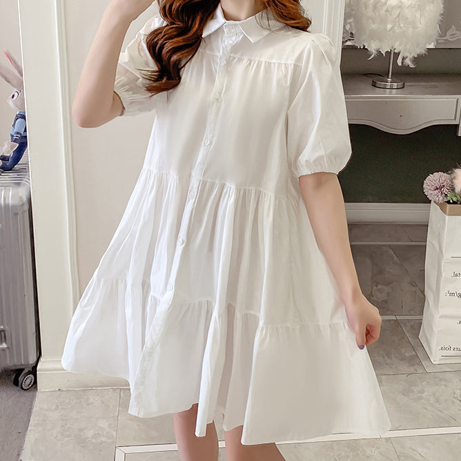 Cute Fashion Puff Sleeve Tiered Shirt Dress