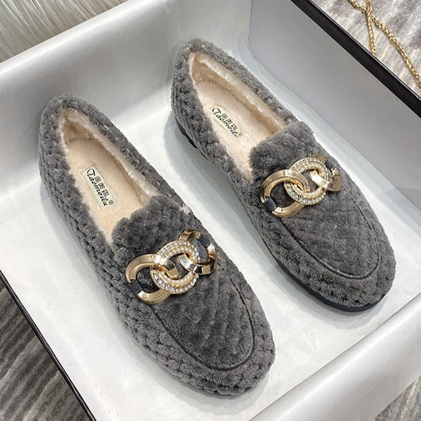 Metal Chain Winter Warm & Comfortable Plush Fur Loafers Shoes