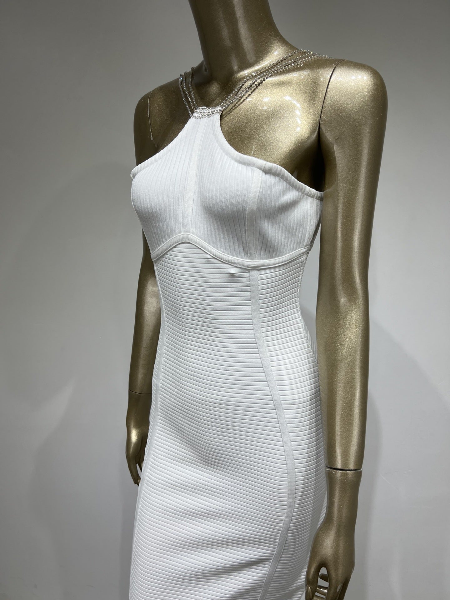 White Diamond Chain Halter Long Party Dress Skirt