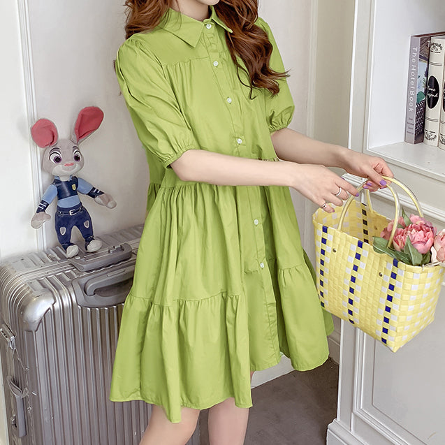 Cute Fashion Puff Sleeve Tiered Shirt Dress