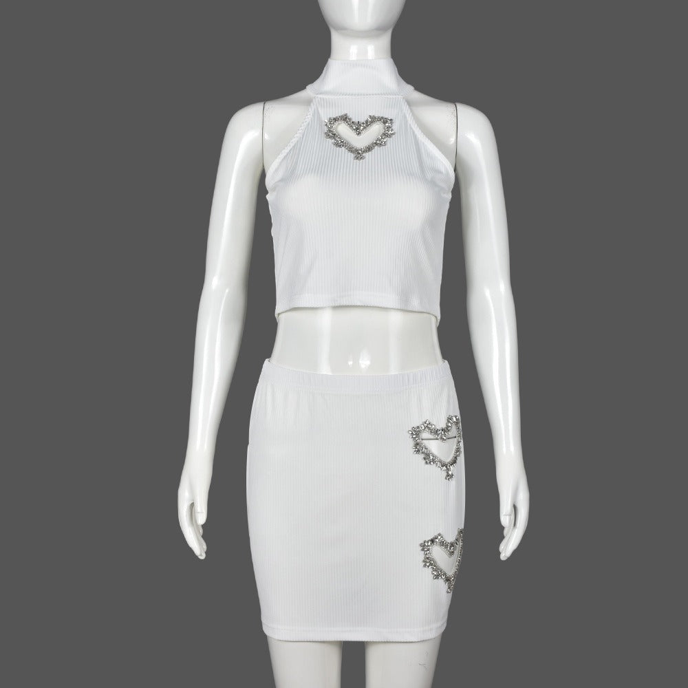 Rhinestone Hollowed-Out Vest And Short Skirt Set