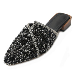 Pointed Toe Sequins Rhinestones Flat Mules