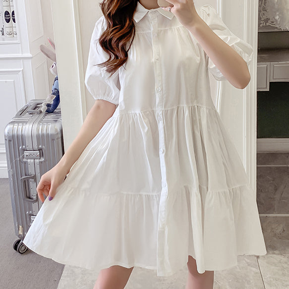 Cute Fashion Puff Sleeve Tiered Shirt Dress