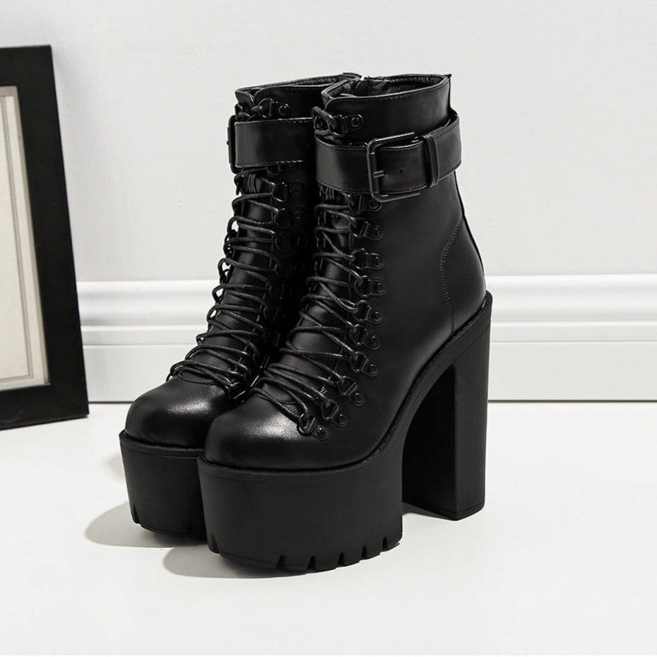 Goth Lace Up Boots Platform Chunky High Heel Ankle Boots With Buckle