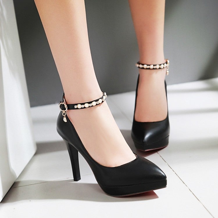 Pearl Ankle Straps Pumps High Heels Dress Shoes