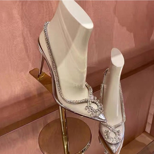 Clear Heels Summer Pointed Toe Chain Sandals with Rhinestones