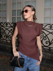 Asymmetrical Pleated Round-Neck Fitted Top