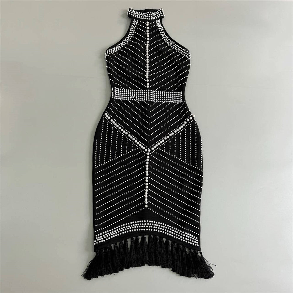 THALIY PEARL FRINGED MIDI DRESS - WHITE