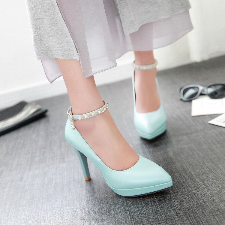 Pearl Ankle Straps Pumps High Heels Dress Shoes