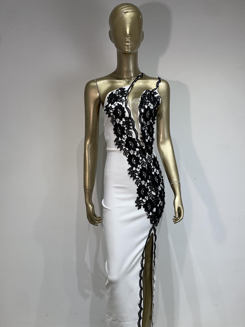 Black lace long leg revealing dress sexy party dress