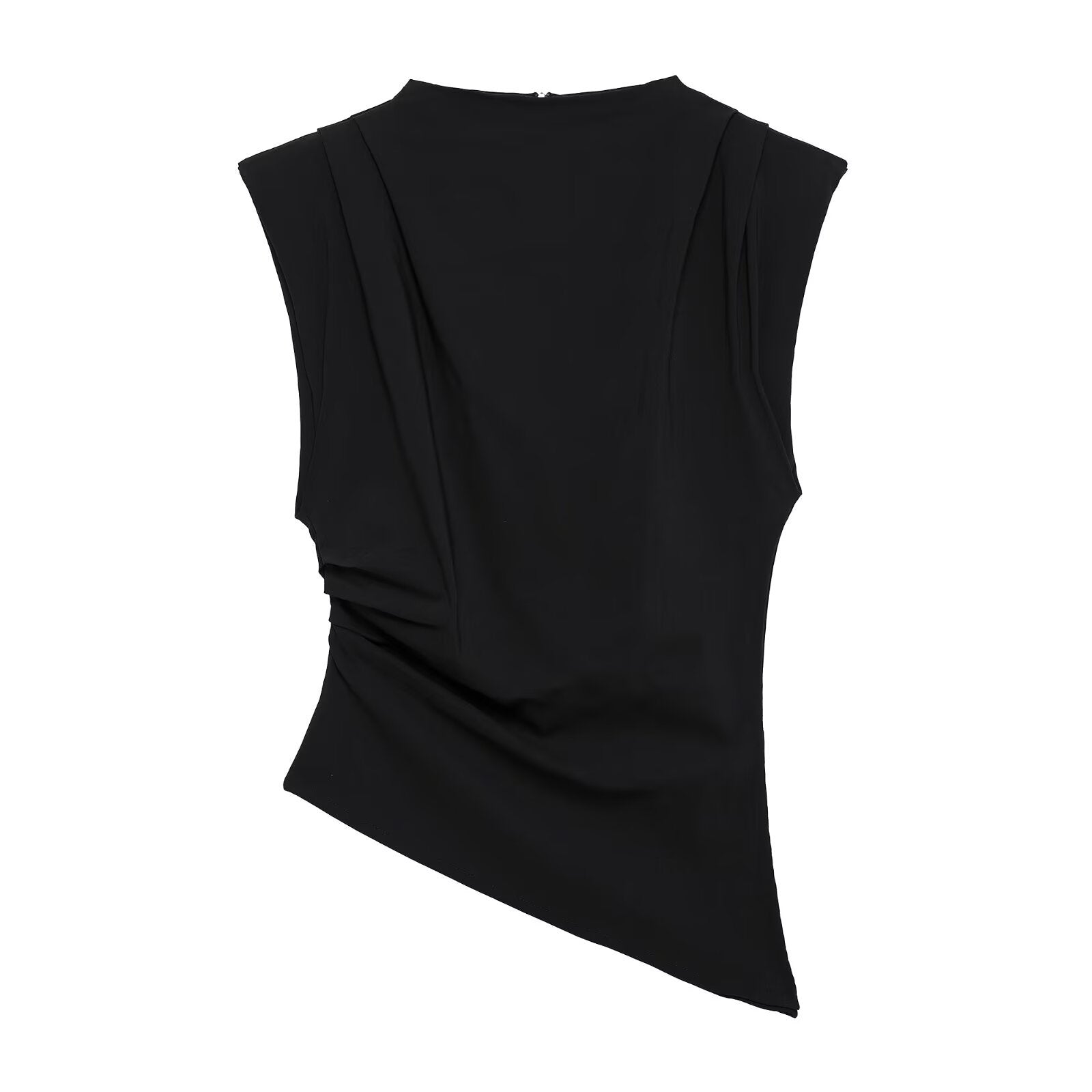 Asymmetrical Pleated Round-Neck Fitted Top