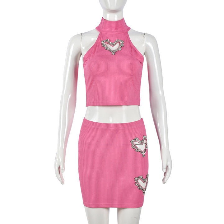 Rhinestone Hollowed-Out Vest And Short Skirt Set
