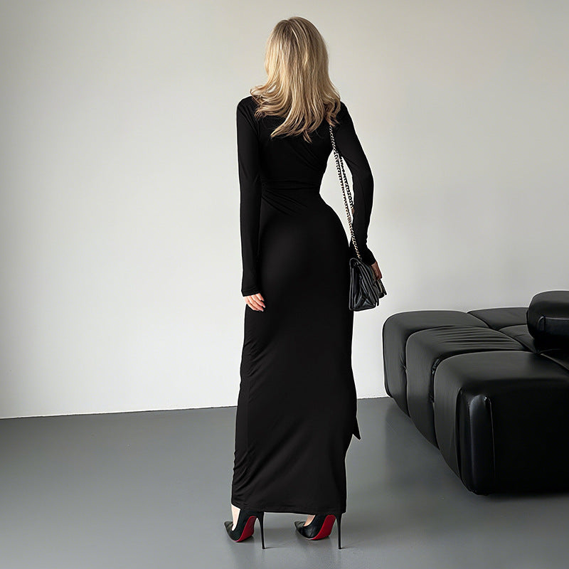 Temperament deep V-neck tie pleated niche dress